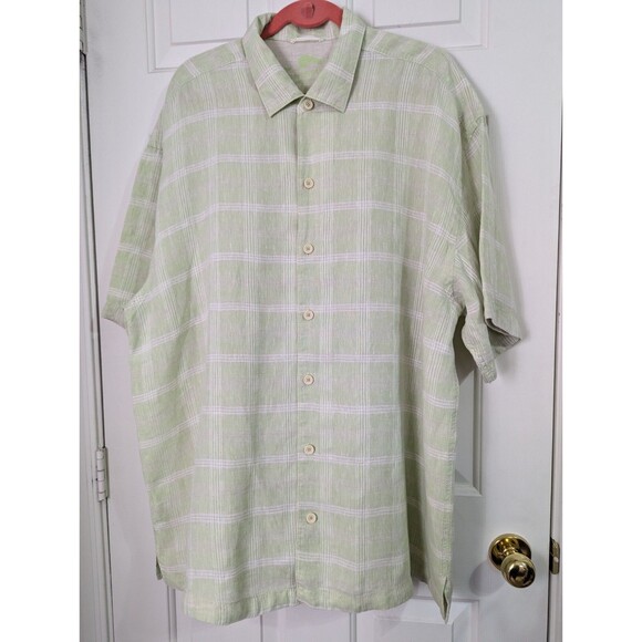 Tommy Bahama Mens XXL Button Shirt Relax Lime Green Plaid 100% Linen S/S Coastal - Picture 1 of 6